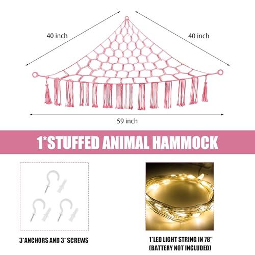 Image of CERETIA Stuffed Animal Hammock with LED Light, Large Stuffed Animals Storage Corner Plushie Net for Kids Room Decor, Pink