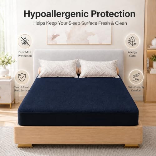 Image of Lukzer Waterproof Mattress Protector Blue King Size 72 x 72 Inches (6 x 6 ft) Ultra Soft Terry Cotton Feel Fabric with Elastic Skirting Hypoallergenic and Breathable Mattress Cover