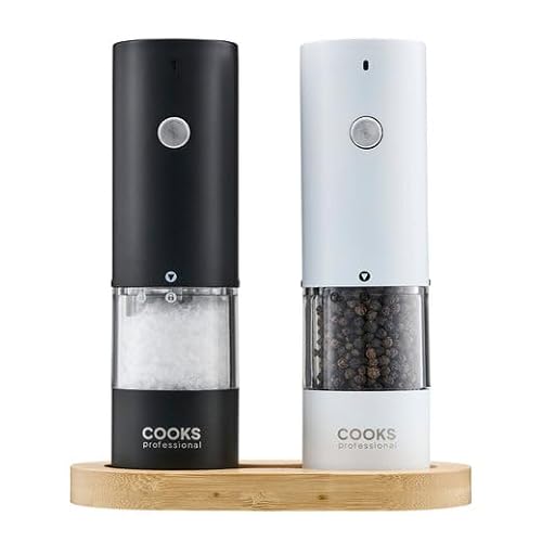 Image of Cooks Professional Rechargeable Salt and Pepper Mill Set with Bamboo Base | Stainless Steel Seasoning Grinder with USB-C Charging, Adjustable Grind, One Button Operation | Black & White