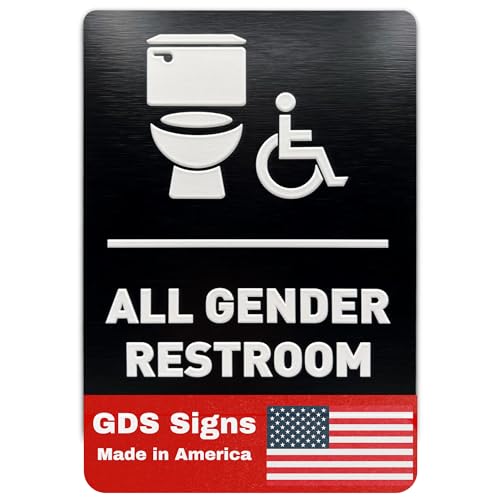 All Gender Restroom Sign by GDS - ADA Compliant, Wheelchair Accessible, Raised Icons, & Grade 2 Braille - Includes Adhesive Strips for Easy Installation - All Gender Restroom Sign for Business, Bathroom Signs for Business - 6 W x 8 H (Brushed Black) - Made in USA