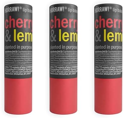 Hurraw! Cherry & Lemon Lip Balm, 3 Pack: Plastic-Free with new cardboard push-up tube. Certified Organic, All Natural Origin, Vegan & Cruelty Free. Gluten Free. Bee, Shea, Soy & Palm Free. Made in USA