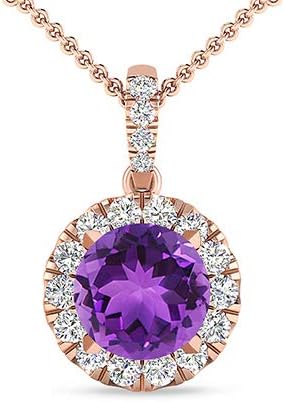 Inspereza 14kt Gold Round Gemstone and Diamond Halo Pendant Necklace and Diamond Bale (G-H Color, I2 Clarity)