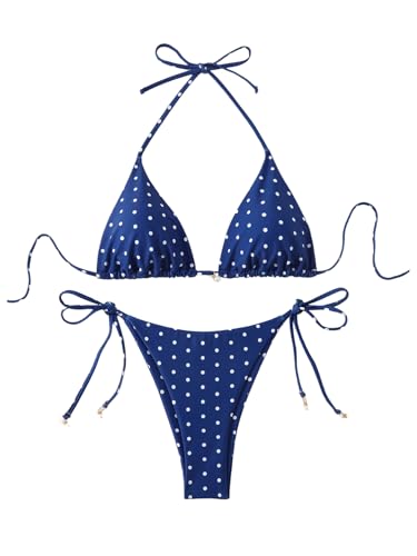 Image of SOLY HUX Women's Polka Dots Print Bathing Suit Halter Triangle Tie Side Bikini Sets Two Piece Swimsuit