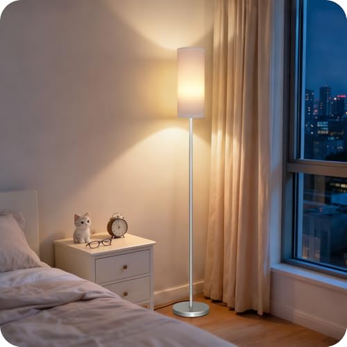 Image of Dimmable Floor Lamps for Living Room with Remote and Foot Switch, 64.4 inch Modern Standing Tall Lamp, Corner Lamp for Bedroom, Office, Bulb Included, 3000K-6500K, White and Silver, FCC Listed SCW06LD05W1