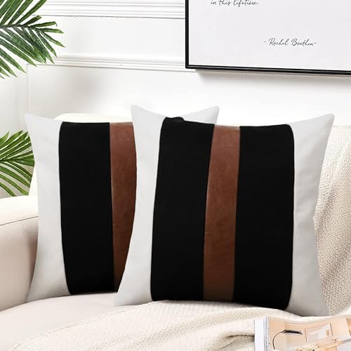 JASEN Set of 2 Faux Leather and Linen Throw Pillow Covers 20x20 Inch Black and White Modern Farmhouse Accent Pillow Covers for Couch Sofa