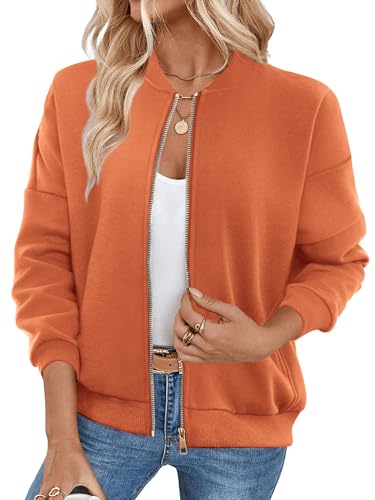 GEMLON Womens Zip Up Sweatshirts Jackets Long Sleeve Casual Loose Outwear with Pockets Orange M