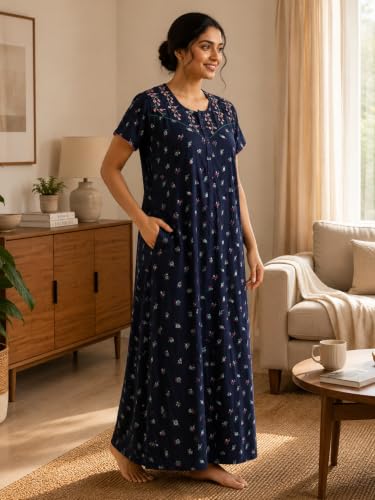 Image of 9shines Label Stylish Bamboo Cotton Nighty Maxi for Women | Full Length Trendy Nightgown | Premium Nightdress | Nightwear | Embroidery Nighty with Pocket (9666)