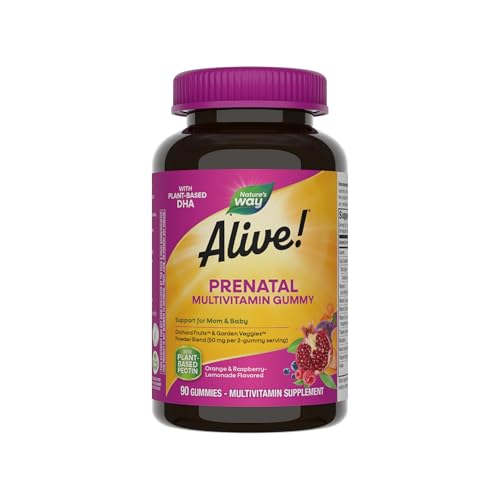Image of Nature's Way Alive! Daily Support Prenatal Gummy Multivitamin, 90 ct | Supplement with Plant-Based DHA for Brain & Eye Development*, Orange & Raspberry Lemonade Flavored, Gluten-Free, Vegetarian