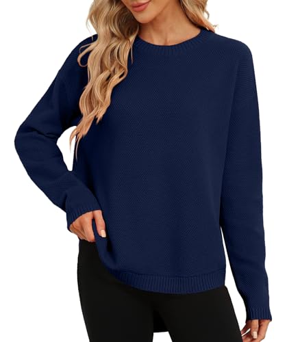 DB MOON Women Crewneck Long Sleeve Knitted Sweater 2025 Loose Fit Soft Solid Pullover