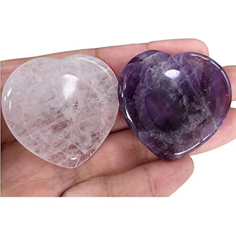 Lovionus89 2 Pcs Heart Worry Stones Anxiety Thumb Palm Pocket Stones, Positive Energy Meditation Chakra Healing Crystal, Amethyst w Rock Quartz Cover