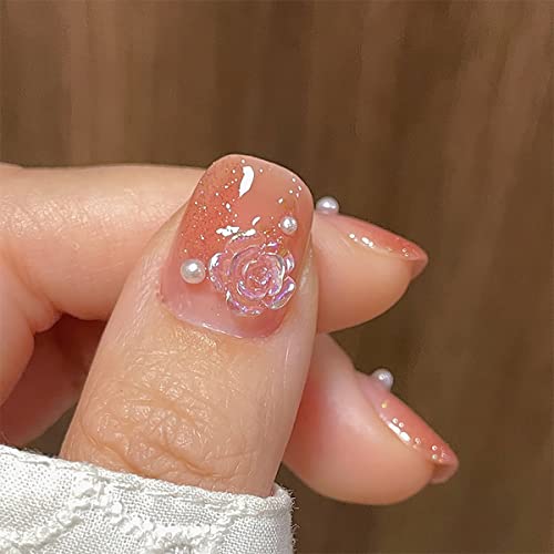 24Pcs Camellia Pearl Shine Press On Nails Short Square Fake Nails Glitter Coffin Light Change Design False Nails Full Cover Artificial Nails Glue On Nails For Women Girls Acrylic Manicure Decorations #TOP1