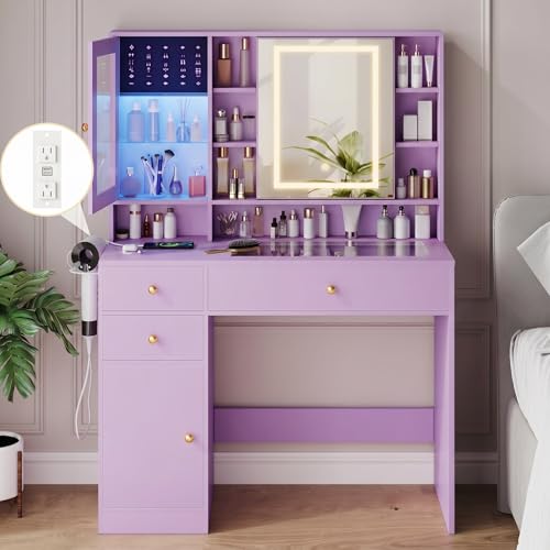 Image of Makeup Vanity Desk with Mirror and Lights, Purple Vanity with Glass Top, Jewelry Storage, Power Outlets, 3 Drawers & 2 Cabinets, Adjustable LED Lighting, Dressing Table for Women & Girls Bedroom