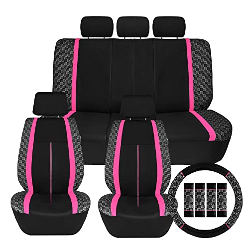 We Are Young Life is Fun™ Checker Car Seat Covers Universal Fit Interior Accessories Full Set Pink Seat Cover Combo Steering Wheel Cover and Seat Belt Pads, Airbag and Split Rear Car Seat Covers