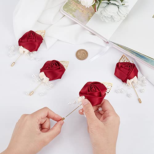 CRASPIRE Set of 4 Red Boutonnieres Groom and Best Man Boutonniere Rose Buttonhole Ribbon Flower Set for Groom Groomsmen Wedding Prom,Wedding Decoration Flowers - Image 3
