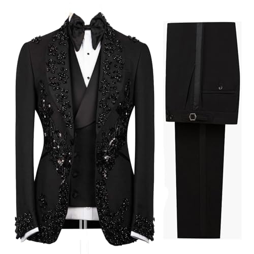 Men's Black Tuxedo with Flower Applique Beaded Tuxedo Slim Fit Shawl Lapel Blazer for Dinner Prom Wedding