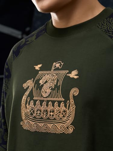Image of The Souled Store Vikings: Longship Men and Boys Short Sleeve Rpund Neck Brown Embroidered Cotton Oversized Lightweight Breathable Drop Shoulder Streetwear T-Shirts