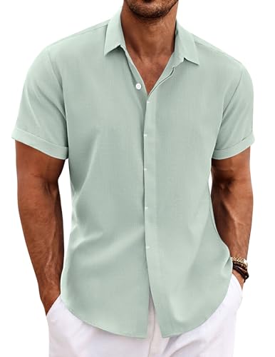 Image of COOFANDY Men's Linen Shirts Short Sleeve Casual Shirts Button Down Shirt for Men Beach Summer Wedding Shirt