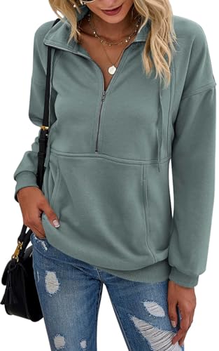 Image of PRETTYGARDEN Women's Casual Long Sleeve Zipper Sweatshirt Drawstring Loose Quarter Zip Pullover Tops with Pockets