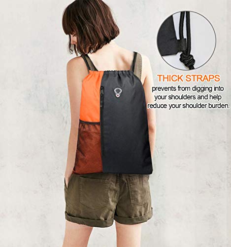 Image of BeeGreen Oranage Drawstring Backpack Bag With Water Bottle Pocket &Front Zippered Pocket Sport Gym String Backpack Sackpack For Men Women