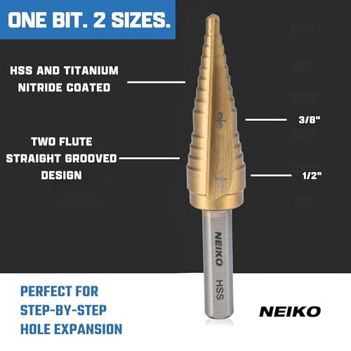 Image of NEIKO 10614A Step Drill Bit, 2 Steps 3 /8 inch to 1 /2 inch Straight High Speed Steel, Titanium Nitride Coated, 1 /4 inch Tri Flat Step Bits for Steel, Metal, Wood, Plastic, Unibit Cone Drill Bits, Two Flute