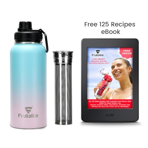 Image of Fruitalite Thermosteel Fruit Infuser Water Bottle- 1000ml with Screw /Spout Lid, Steel Infusion Rod, Infused Detox Recipe eBook, Double-Wall Vacuum Insulated Stainless Steel Bottle- Bubble Gum