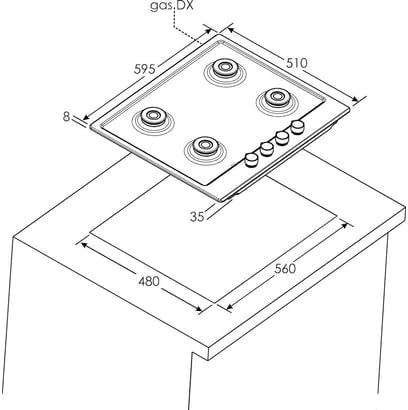 Dimensional diagram for Rosieres RHG6D5WC5X gas hob installation.
