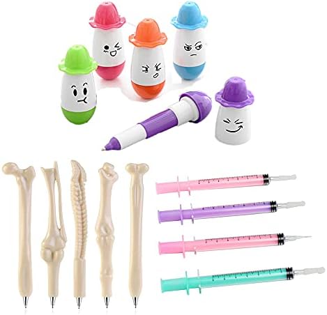 WeiMo Creative Cartoon Ballpoint Pens：5 Roly-Poly Retractable Pens + 5 Bone Pens + 4 Syringe Gel Pens Packed with a Cartoon Stationary Pouch, Black Ink (Retractable)