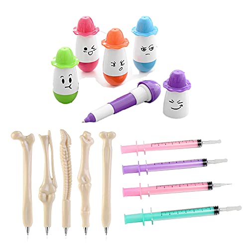 Weimo Creative Cartoon Ballpoint Pens：5 Roly-Poly Retractable Pens + 5 Bone Pens + 4 Syringe Gel Pens Packed With A Cartoon Stationary Pouch, Black Ink (Retractable) #TOP30