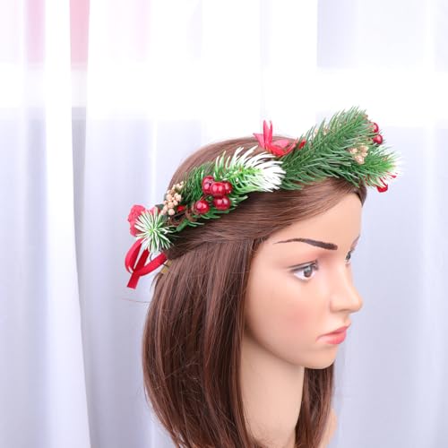 Minkissy Christmas Flower Crown Flower Hairband Christmas Headband Floral Wreath Garland With Holly Berry Leaves Christmas Hair Accessories For Woman Girls - Thumbnail 3