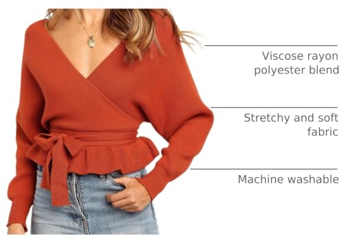 Image of ZESICA Womens Fall Wrap V Neck Belted Ruffle Sweater Top