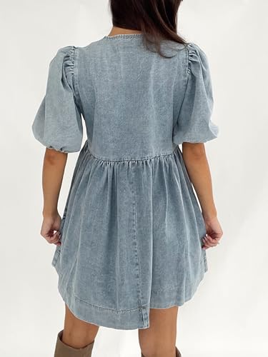 Image of Women Tie Front Denim Dress Round Neck Puff Sleeve A-line Mini Jean Dress with Pockets