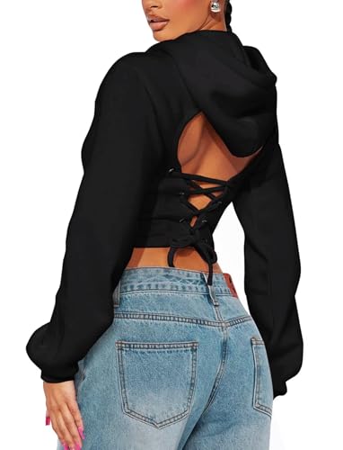 TZLDN Cropped Hoodie Women Open Back Sweatshirt Y2k Lace Up Backless Long Sleeve Tops Pullover Streetwear Gothic Clothes Black - Medium