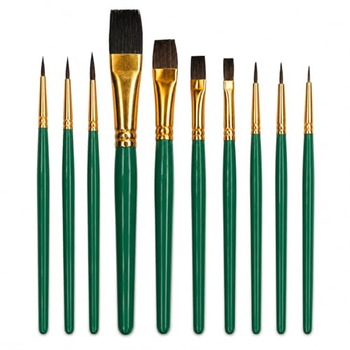 Image of Artist Paint Brush Set 10 Piece – Camel Hair Fine Detail, Round & Flat Shader Brushes – Wooden Handle Painting Brushes for Acrylic, Watercolour, Gouache, Model Making, Crafts & Face Painting