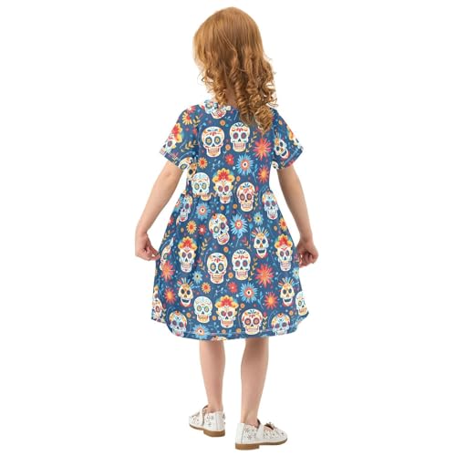 ALAZA Mexican Day of The Dead Sugar Skull Blossom Girls Dress Short Sleeve Toddler Casual Dresses Summer Sundress 2-8T3