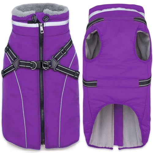 Fragralley Dog Coat with Harness Built in, Waterproof Windproof Reflective Warm Puffer Jacket, Fleece Lined Vest Winter Parka for Small, Medium, Large Dogs​