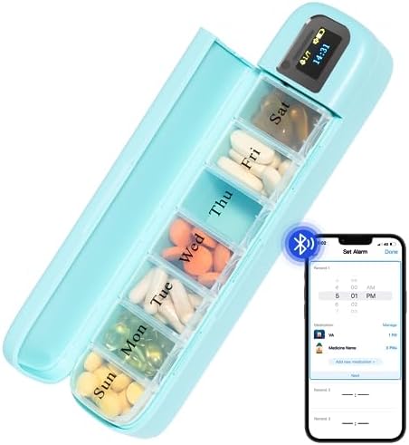 Zoksi Bluetooth Electronic Pill Dispenser with Alarm, Smart Pill Organizer with Reminder & Light, Pill Tracker, Automatic Medication Dispenser, Weekly 7 Day Pill Case 1 Time a Day for Travel (Green)
