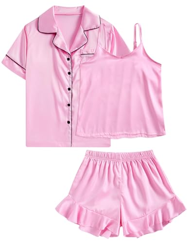Belovecol Mädchen Satin Rosa Pyjama Set 3 teilig Seiden Nachtwäsche Button Down Nachtwäsche für Teenager Kinder Geschenk für Geburtstagsparty 8 9 Jahre