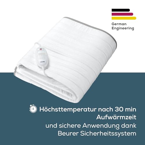 Beurer TS 17 Wärmeunterbett, weiches Vliesmaterial, rutschfest dank Fixierung mit Gummiband, 3 Temperaturstufen, 150x80 cm, Sicherheitssystem, abnehmbarer Schalter, maschinenwaschbar bei 30 °C, Grau