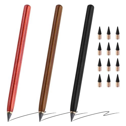 EXIN DEHCEN Paquete de 3 Lápiz Infinito Eterno Portátil Reutilizable, Lápiz Eterno Sin Tinta Mágicos, Lapices Infinitos con 12 pcs Cabezales Reemplazables para Escribir, Dibujar, Hogar, la Oficina