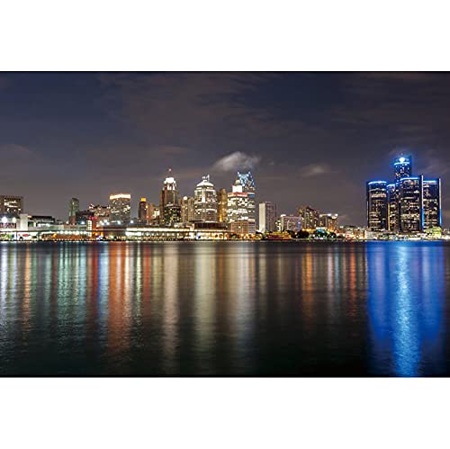 Renaiss 7X5Ft Detroit River Backdrop For Photoshoot Boys Girls Man Woman Portrait Detroit City Skyline Night View Photography Background Bright City Night Scene Photo Booth Prop Live Video Home Decor #TOP3