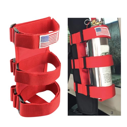 Gasedin Fire Extinguisher Holder, Adjustable Roll Bar Fire Extinguisher Mount Holder, American Flag Pattern Extinguishers Strap Bartact for Cars Trucks, Universal Car Accessories (Red)