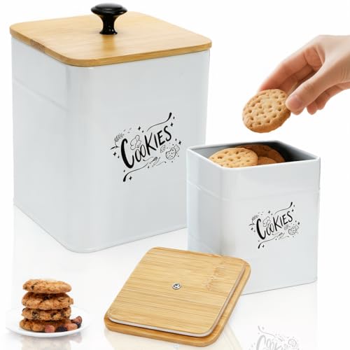Goaste 2 Sizes Metal Cookie Jars with Lid, 101 & 54 OZ White Candy Cookie Tins, Decorative Food Storage Containers, Vintage Cookie Canister with Wide Opening for Kitchen Counter, Pantry, Gift Giving