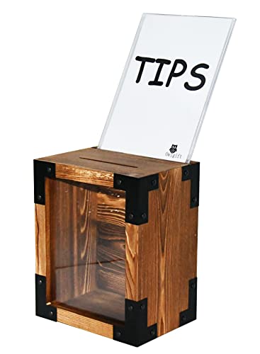 Owlgift Rustic Reclaimed Style Solid Wood Lockable Suggestion Box, Donations Collector Storage, Ballot Container, Tip Box W/ Removable Chalkboard & Acrylic Sign Holder, Lock & Key #TOP5