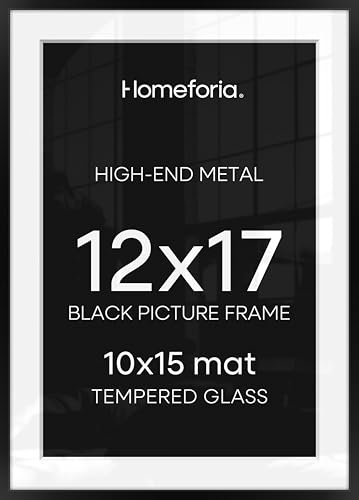 Homeforia 12x17 Picture Frame Black, High End Metal 12x17 Poster Frames with Mat 10x15 for Photo, 12 x 17 Black Frame Matted to 10 x 15 inch Print, 17x12 Thin Frame, Tempered Glass, Wall Kit, Set of 1