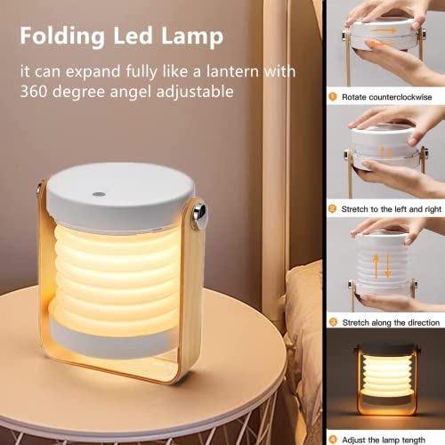 ALLOMN Schreibtisch Tischleuchte, Tragbares Klapp Teleskop Nachtlicht LED Leselampe Holzgriff Laternenlampe, 3 Stufig Dimmbare Helligkeit, USB Aufladung, Augenpflege (Warmweiß)