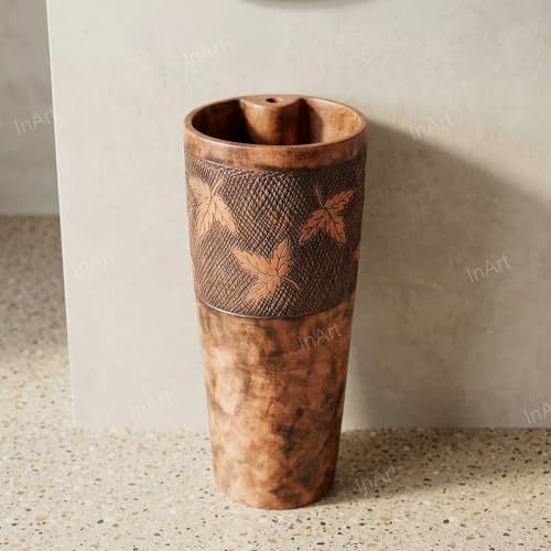 Image of InArt One Piece Ceramic Pedestal Free Standing Round Wash Basin for Living Room and Bathroom (15 x 15 x 33 Inch) (Wooden)