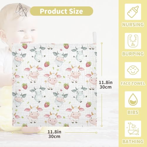 Image of vvfelixl Cow Pink Cartoon Strawberry Baby Burp Cloths Baby Muslin Washcloths for Boys Girls Cotton Babys Face Towel for Newborn Infants Soft and Absorbent 11.8 X 11.8 in, 5 Pack
