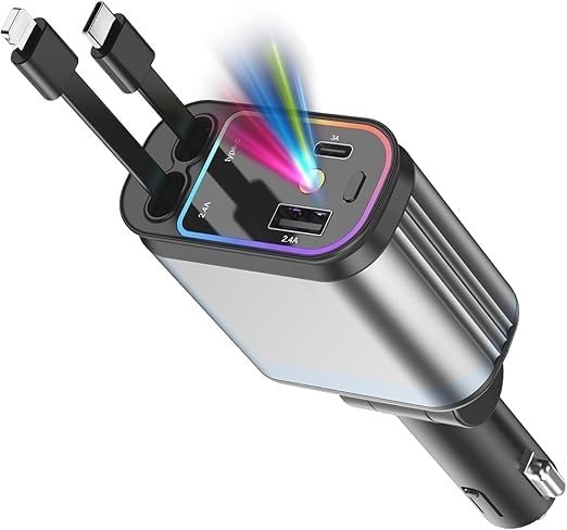 69W Retractable Car Charger with LED Light, 4 in 1 Fast Car Charger with Lightning & USB-C Retractable Cable, USB-A & Type-C PD Ports,80cm Cable Compatible with iPhone 16/15/14/13,iPad & Android Phone-image-28