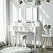 VASAGLE Vanity Makeup Set with 7 Drawers, 2 Brush Slots and 4 Open Compartments, Dressing Table with Tri-Fold Necklace Hooked Mirror, Solid Wood Legs, Cushioned Stool, Cloud White URDT06M