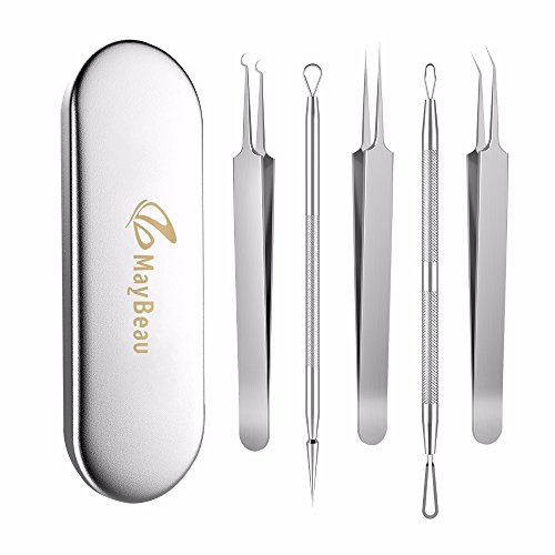 5pcs Blackhead Remover Needles&Tweezers Stainless Steel Acne Stick Pimple ComeDone Extractor Removal Tool Kit with Metal Case